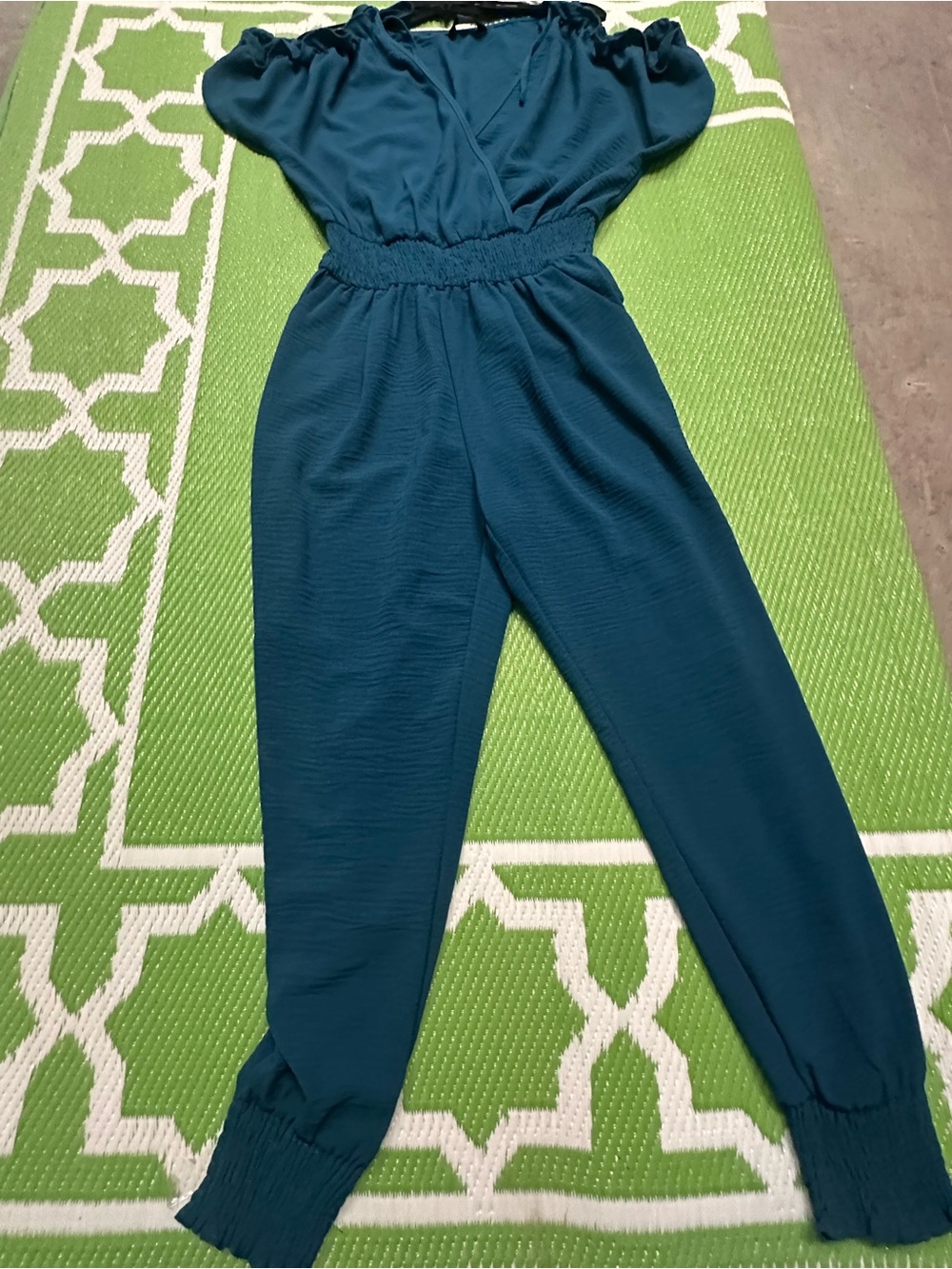 Women's Teal V-Neck Smocked-Waist Jumpsuit